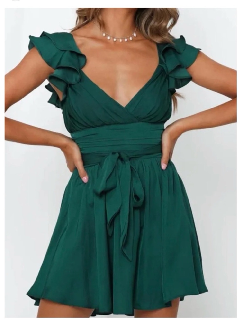 Hello Molly Emerald Green Ruffle Sleeve Wrap Mini Dress Size 6 NWT waist tie
